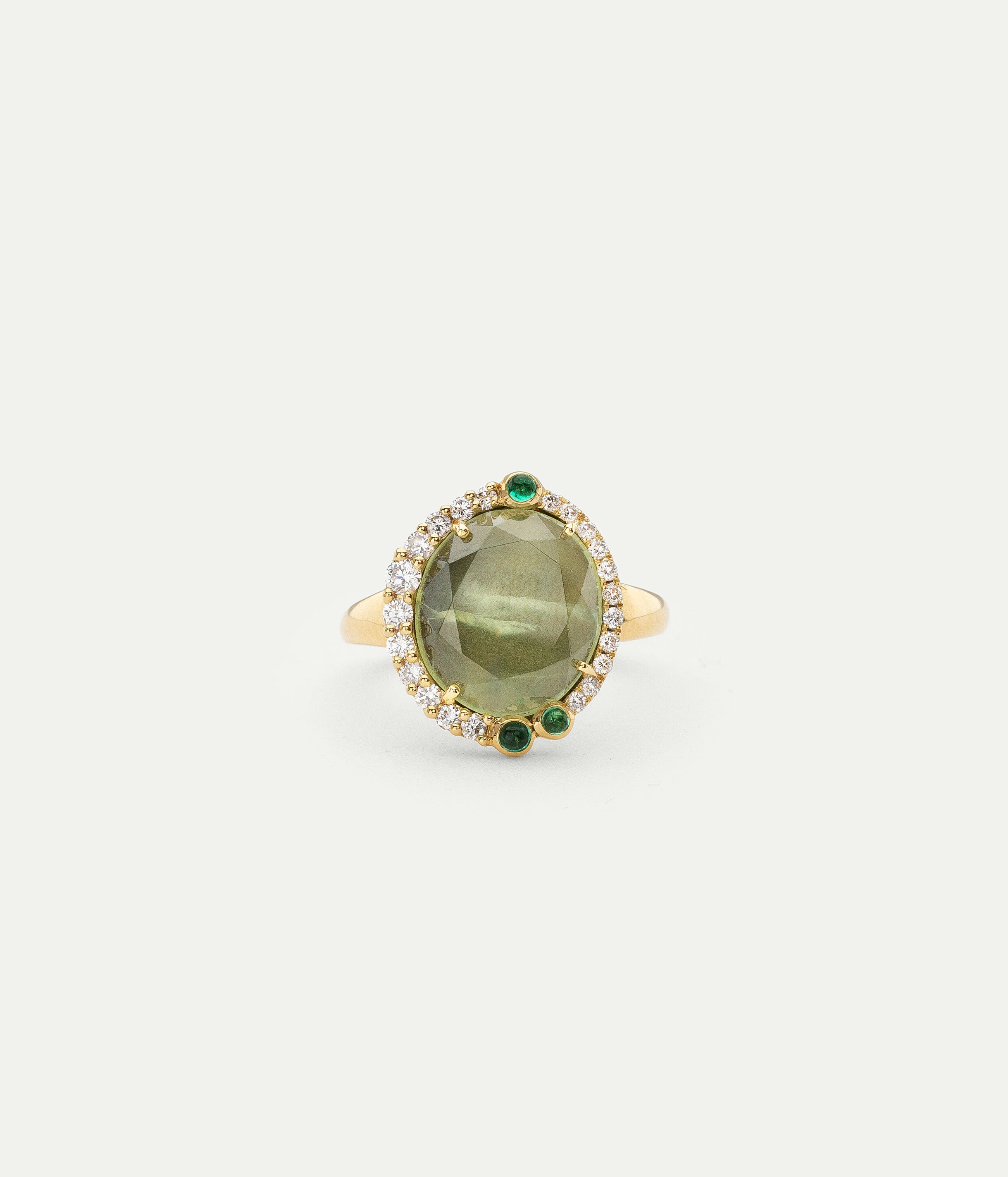 Simone Prehnite and green emeralds ring