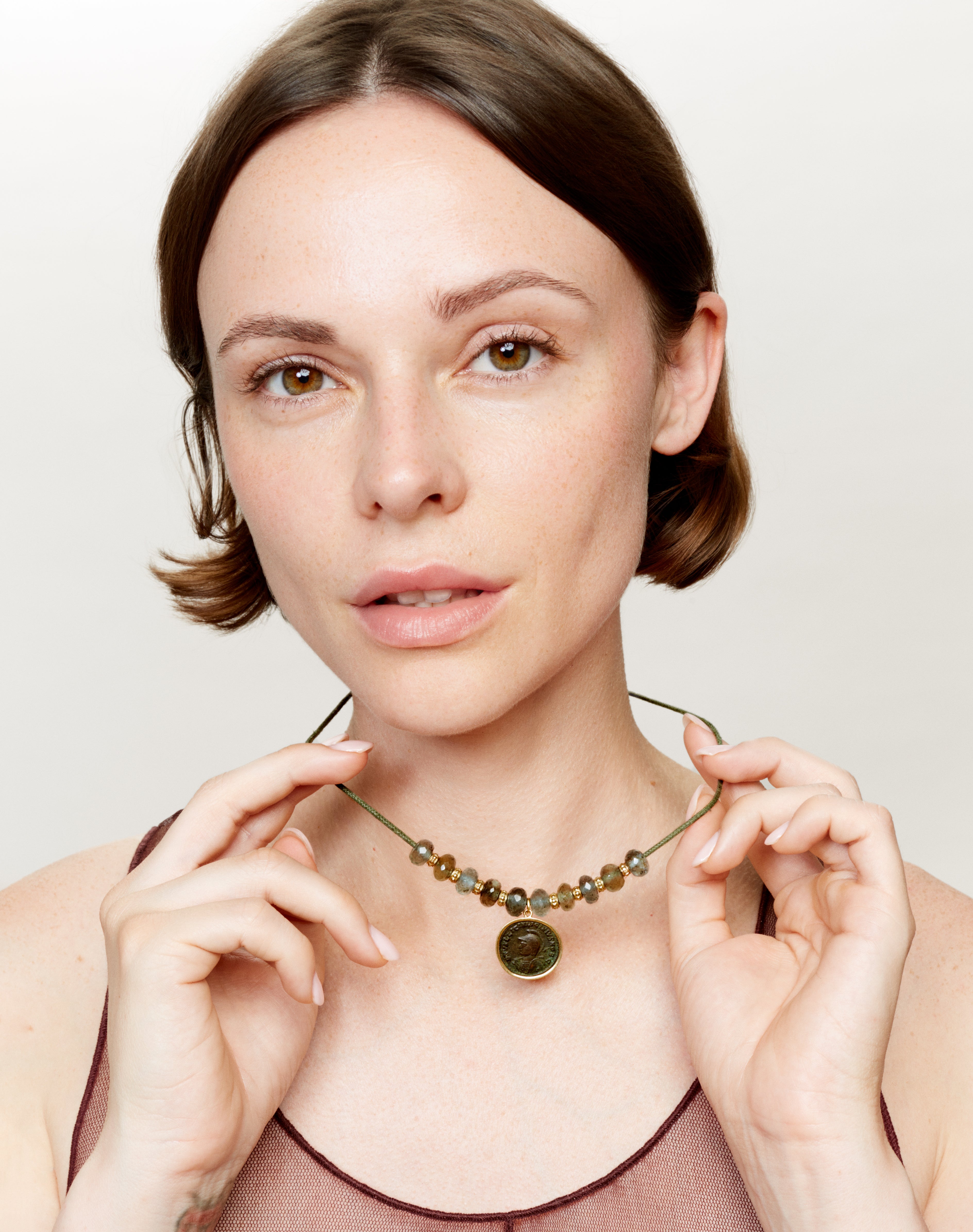 Collier Antique Bronze Coin Aigue marine