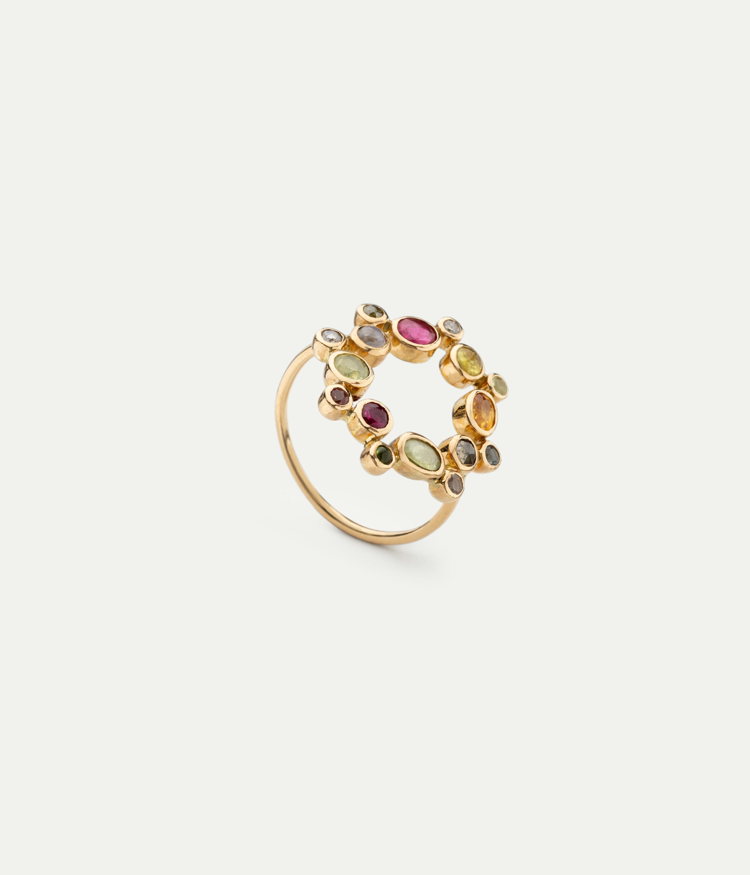 Couronnée sapphire, tourmaline, and chrysoberyl ring