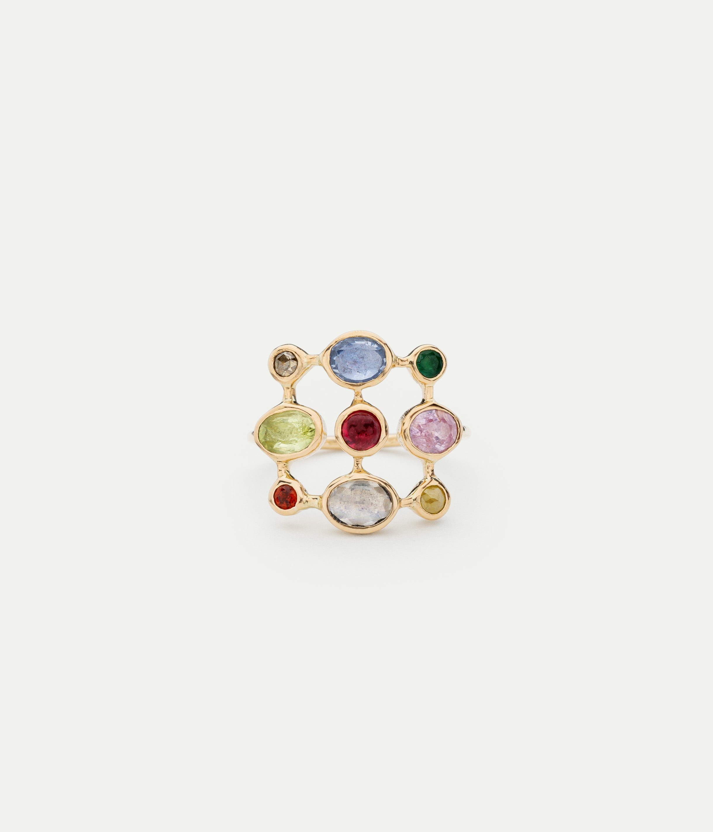 Super Couronnée sapphire, ruby, and moonstone ring