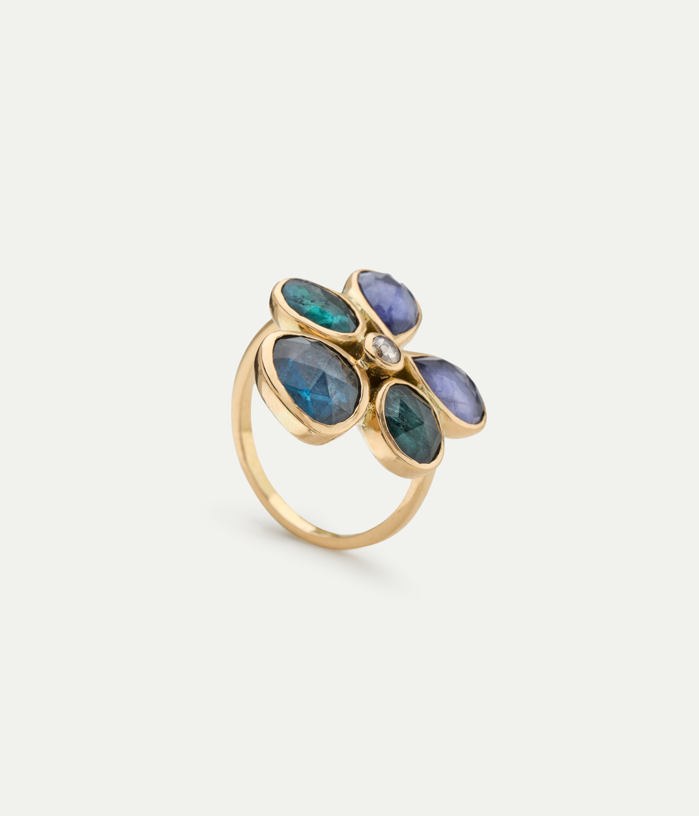 Fleur Green Tourmaline, Iolith and Diamond Ring