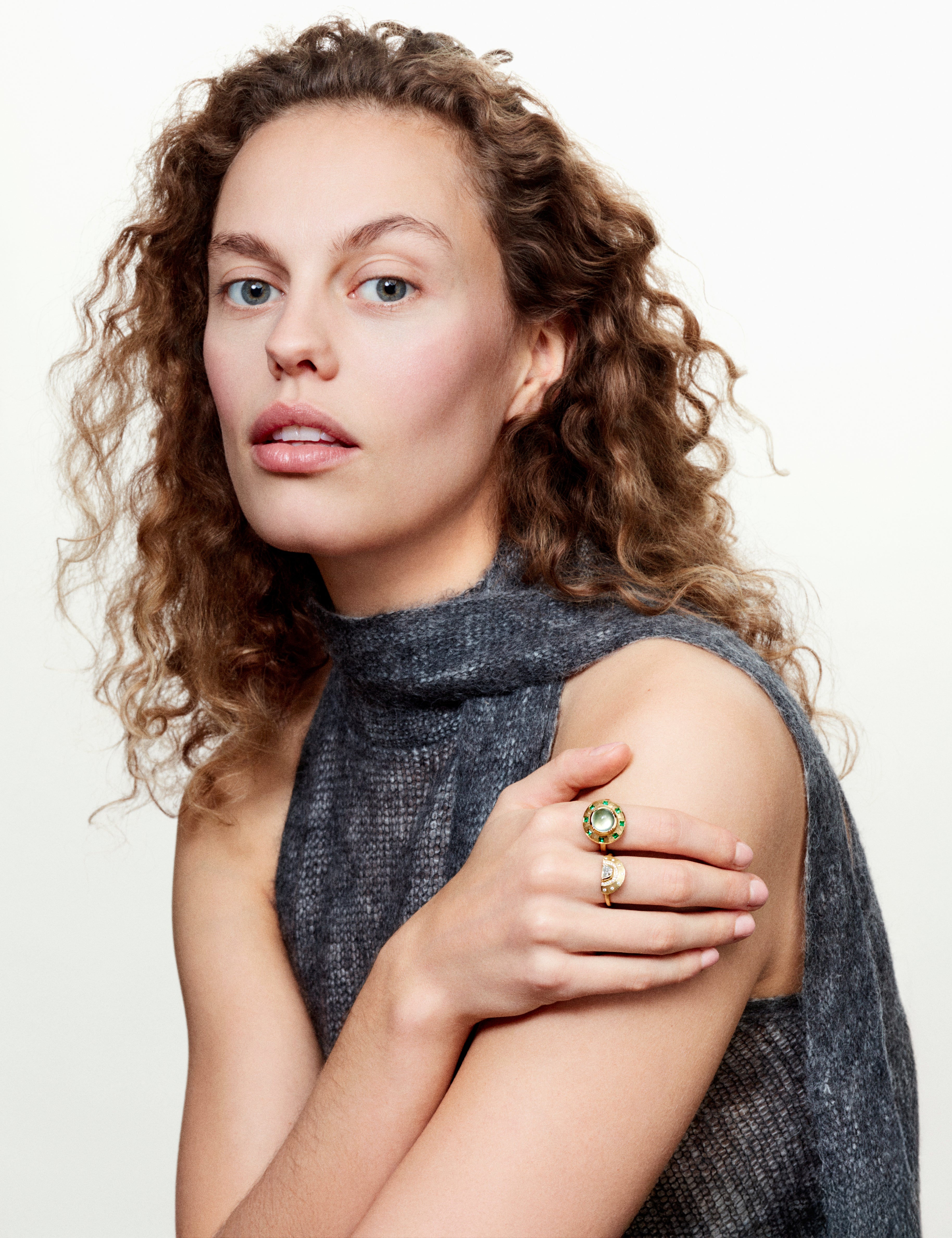 Sun Dial prehnite and emerald ring