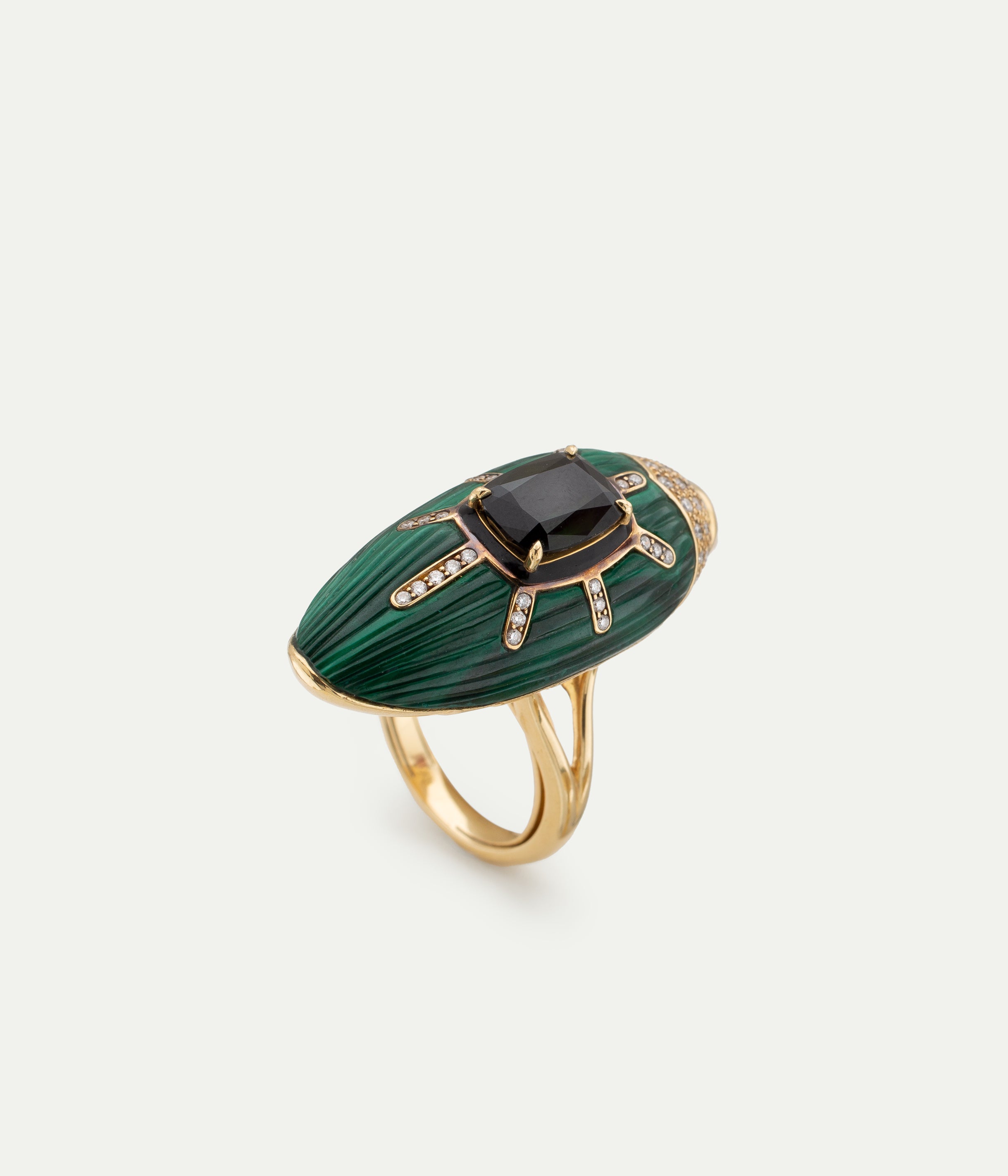 Scarab malachite and green tourmaline ring