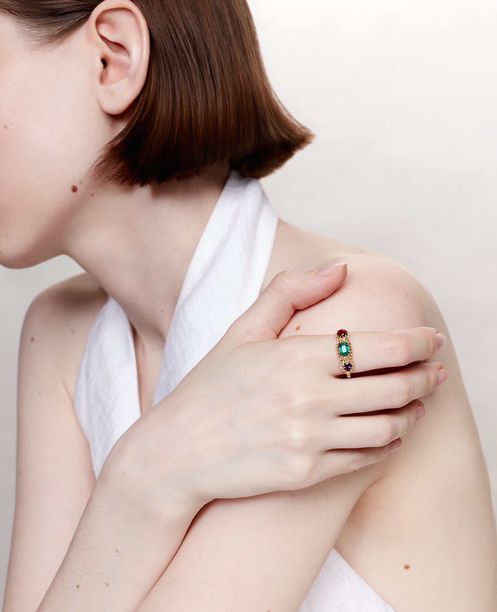 Emerald, Ruby and Amethyst Jarretière Ring