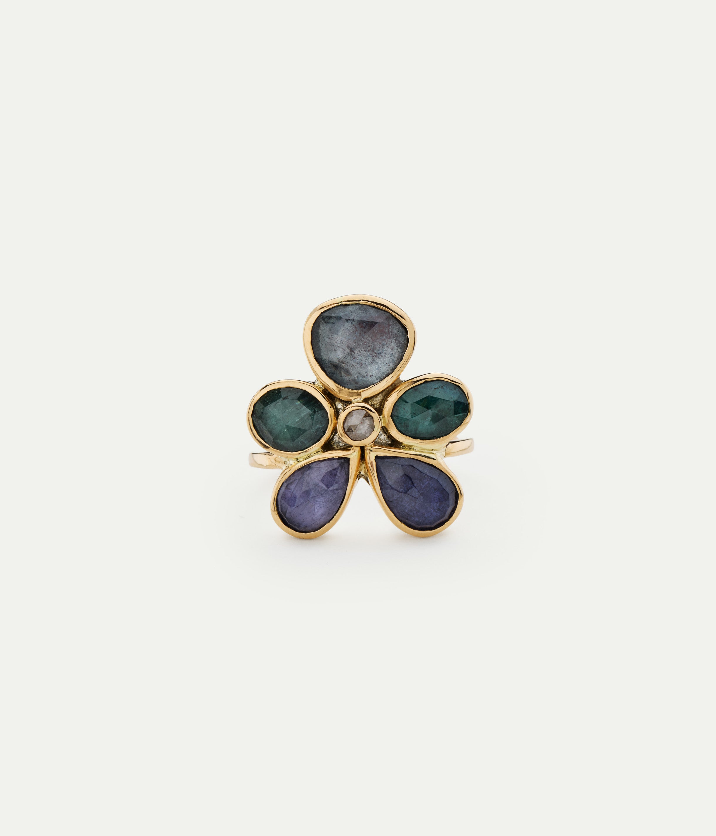 Fleur Green Tourmaline, Iolith and Diamond Ring