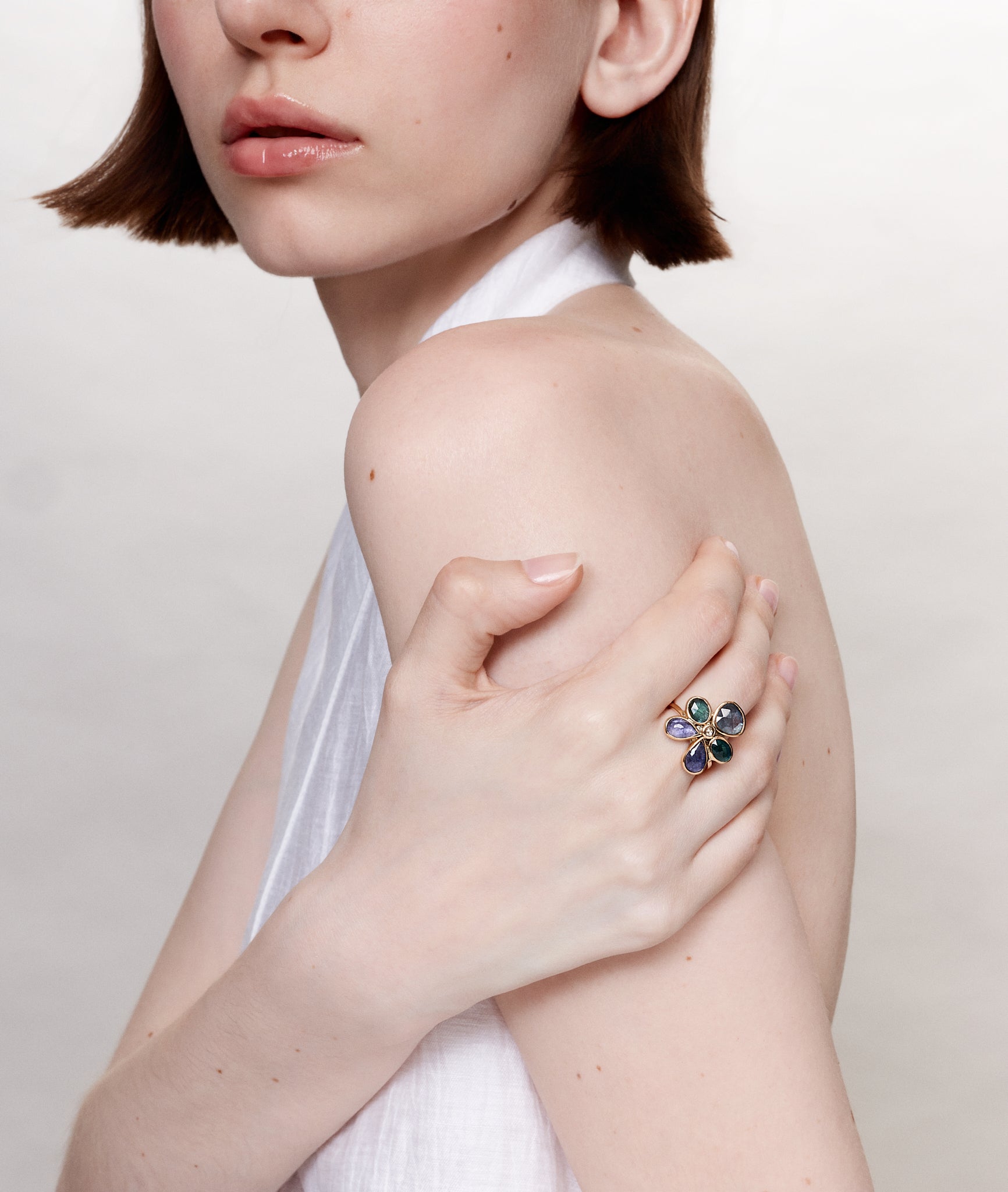Fleur Green Tourmaline, Iolith and Diamond Ring