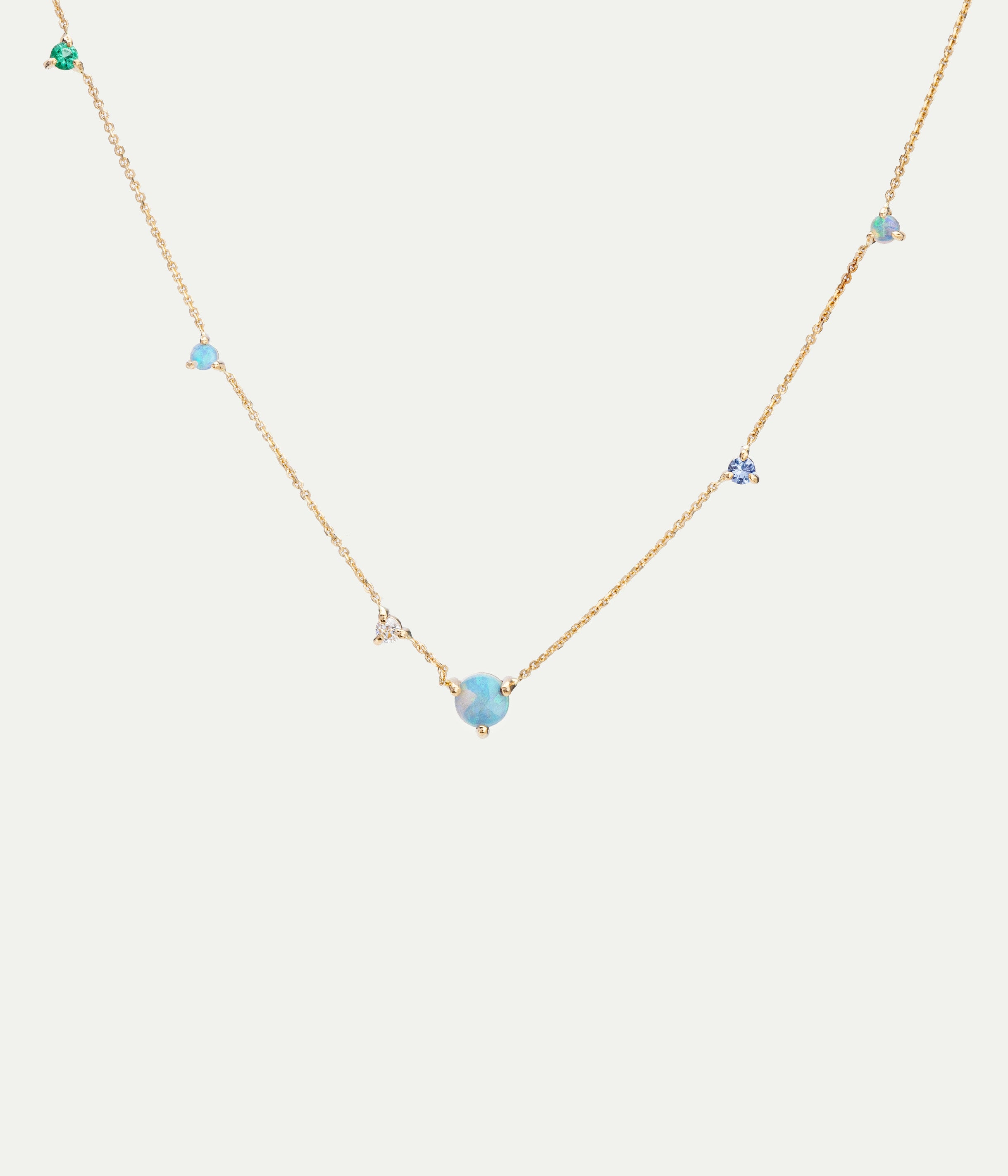 Collier Linear Chain opale, saphir, émeraude et diamant