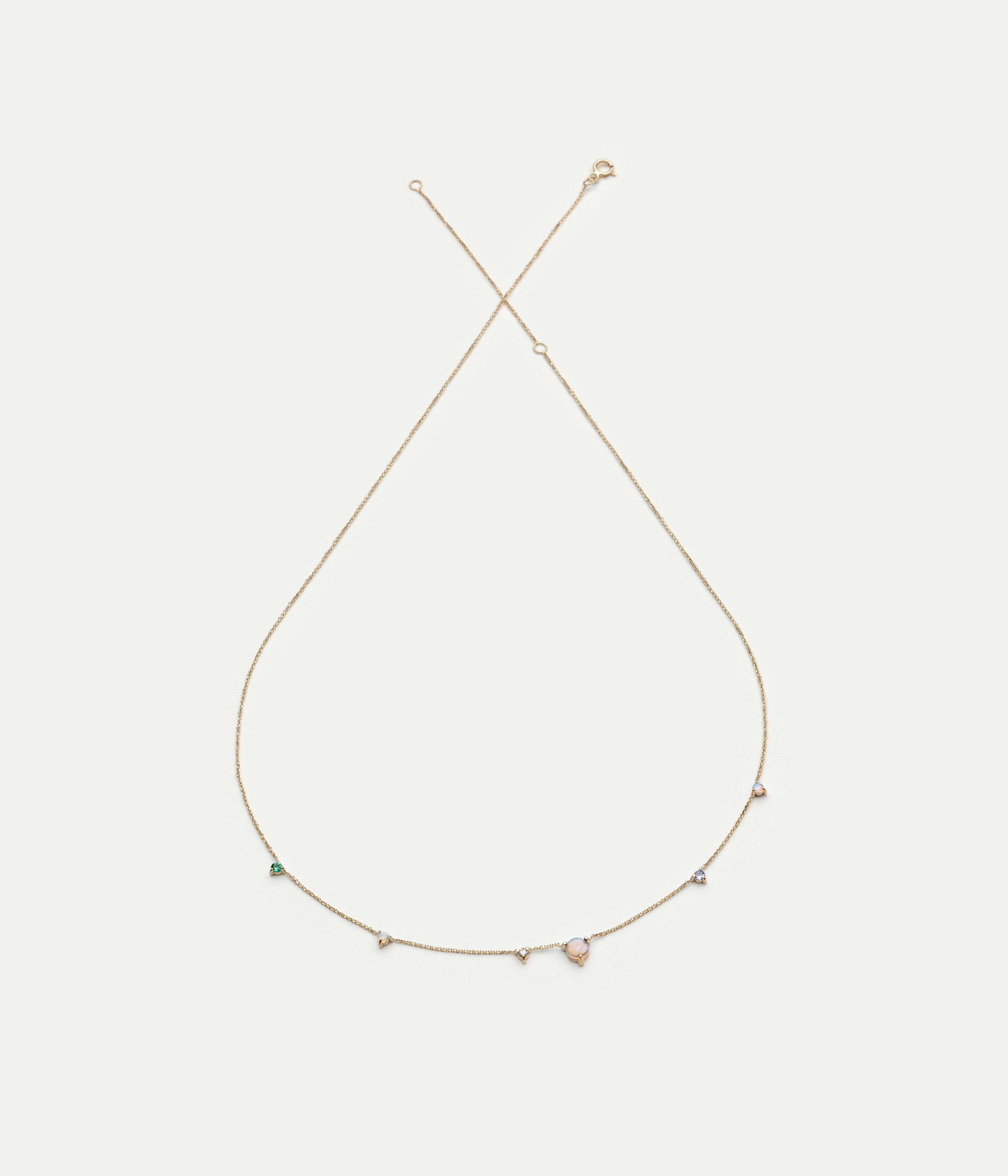 Linear Chain opal, sapphire, emerald and diamond necklace