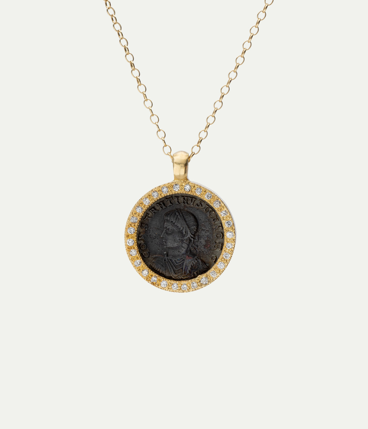 Antique Roman Coin yellow gold and diamonds necklace
